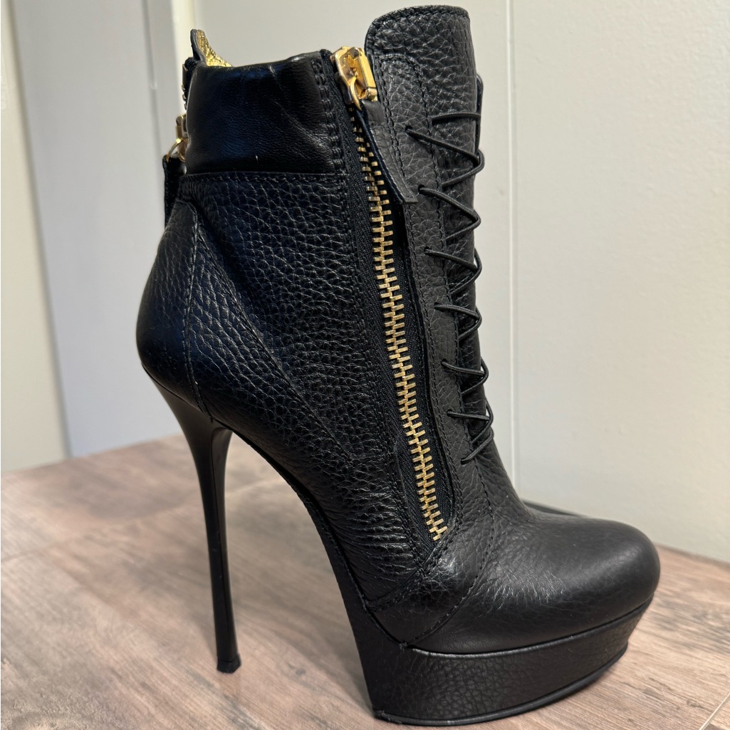 Gianmarco Lorenzi High Heel Ankle Booties, Black Leather, Plateau, Size 36